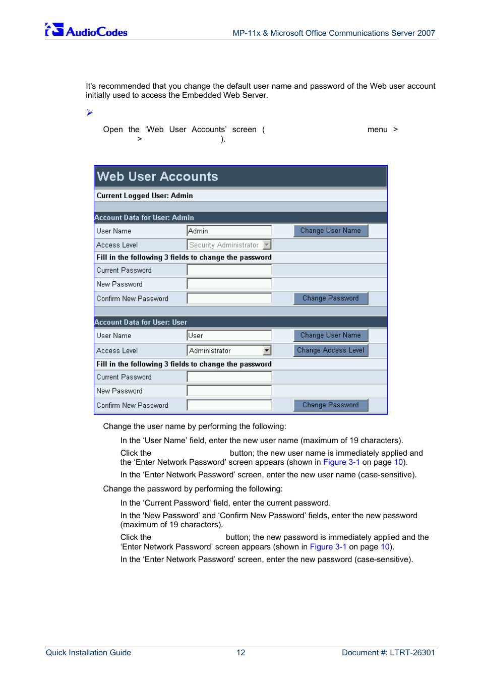 Changing login username and password, 3 changing login username and password | AudioCodes MP-118 User Manual | Page 12 / 44