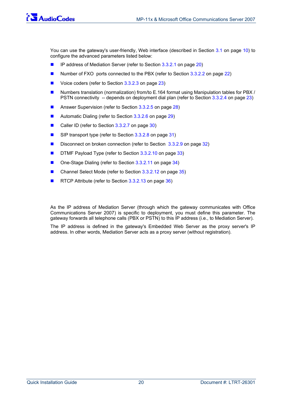 Using the embedded web server, Defining mediation server's ip address, On pag | 2 using the embedded web server | AudioCodes MP-118 User Manual | Page 20 / 44