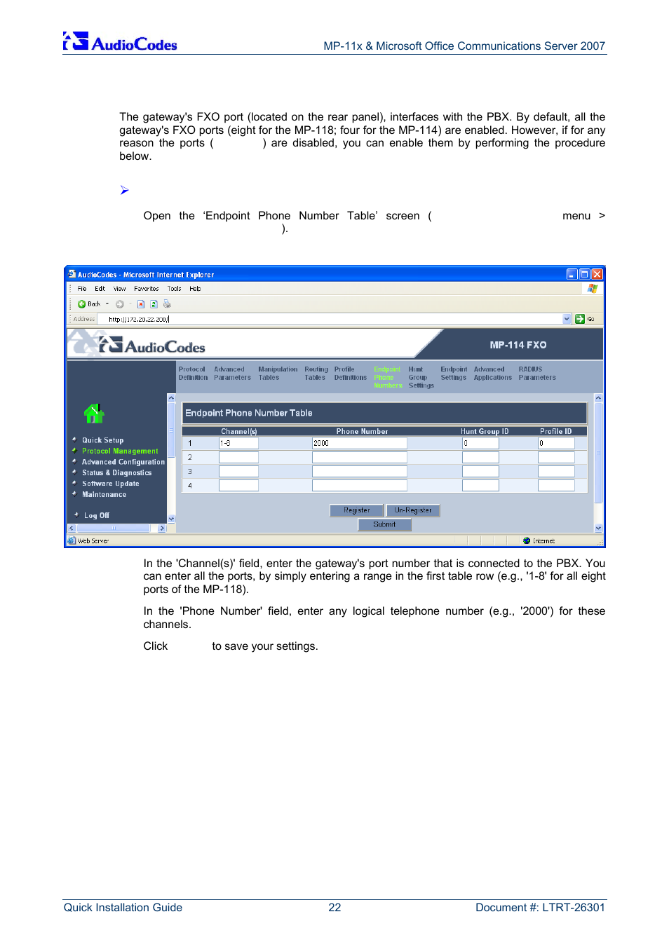 Defining number of fxo ports connected to pbx, On pag | AudioCodes MP-118 User Manual | Page 22 / 44