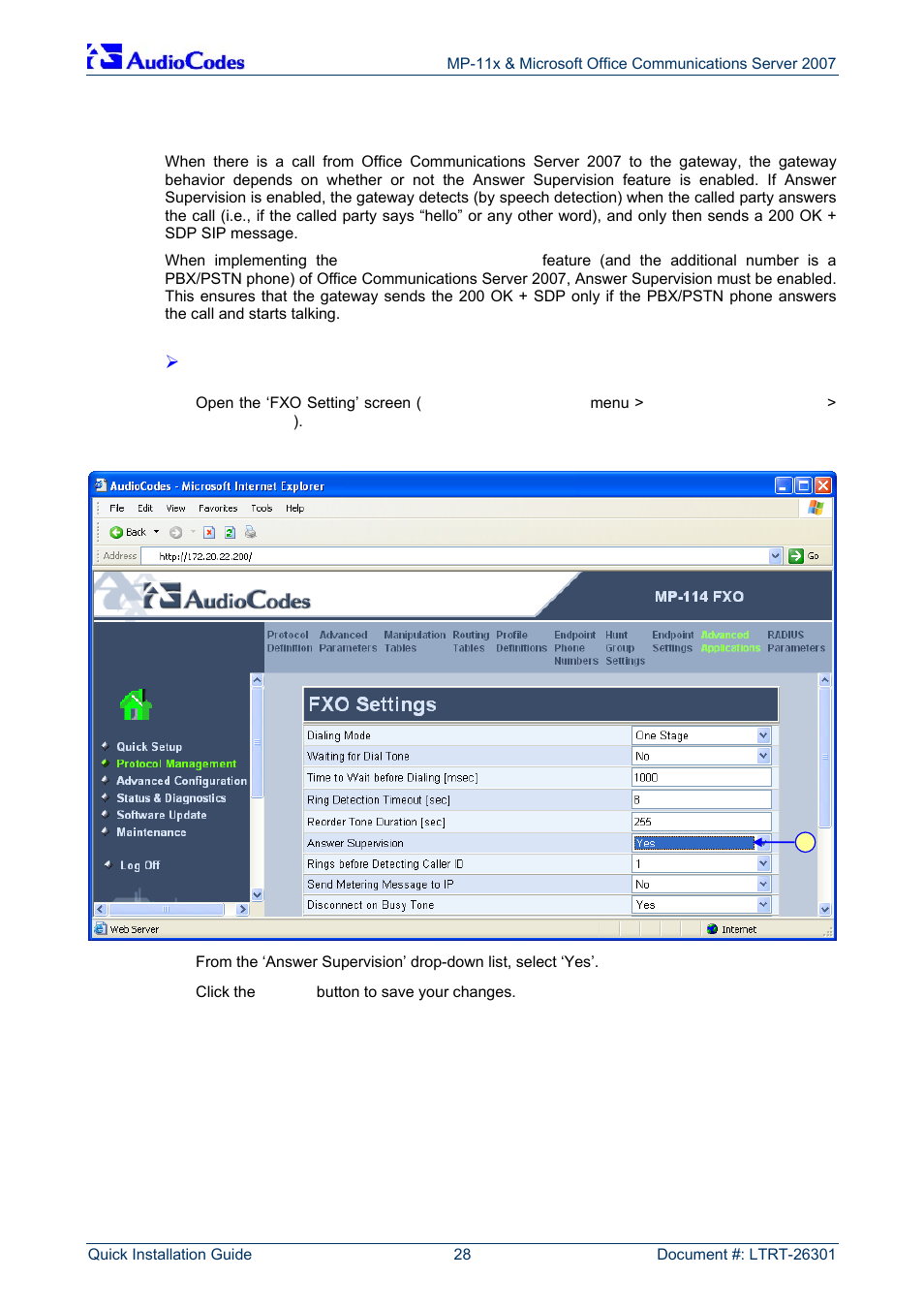 Defining answer supervision | AudioCodes MP-118 User Manual | Page 28 / 44