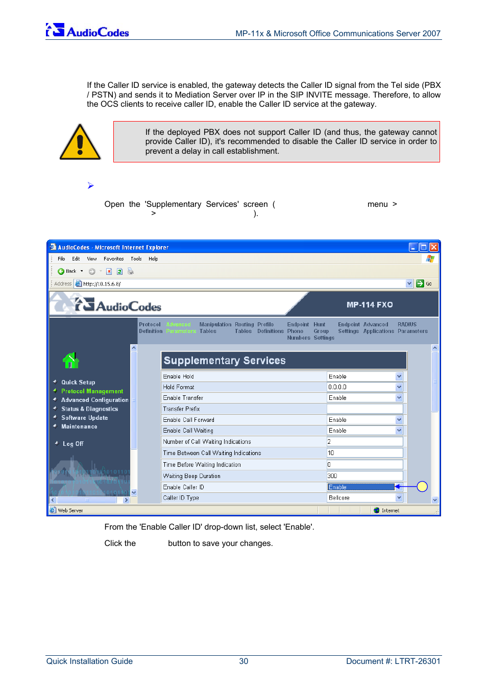 Enabling caller id | AudioCodes MP-118 User Manual | Page 30 / 44