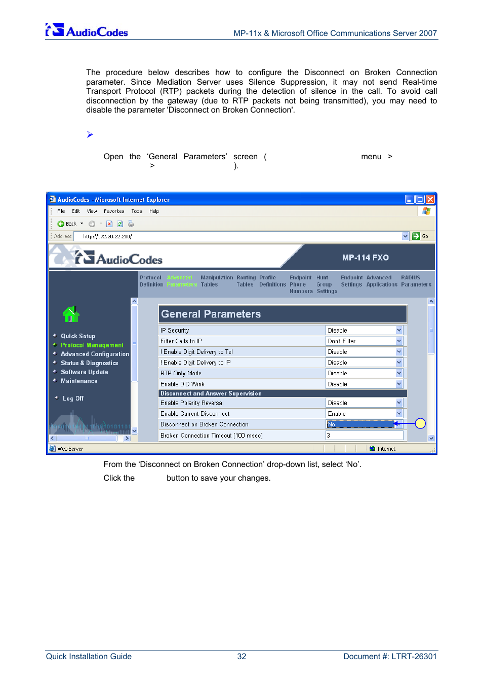 Defining disconnect on broken connection | AudioCodes MP-118 User Manual | Page 32 / 44