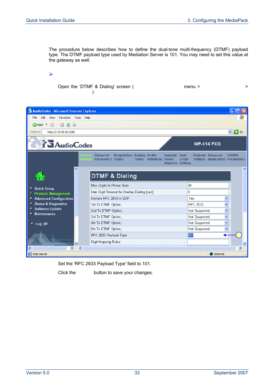 Defining dtmf payload type | AudioCodes MP-118 User Manual | Page 33 / 44
