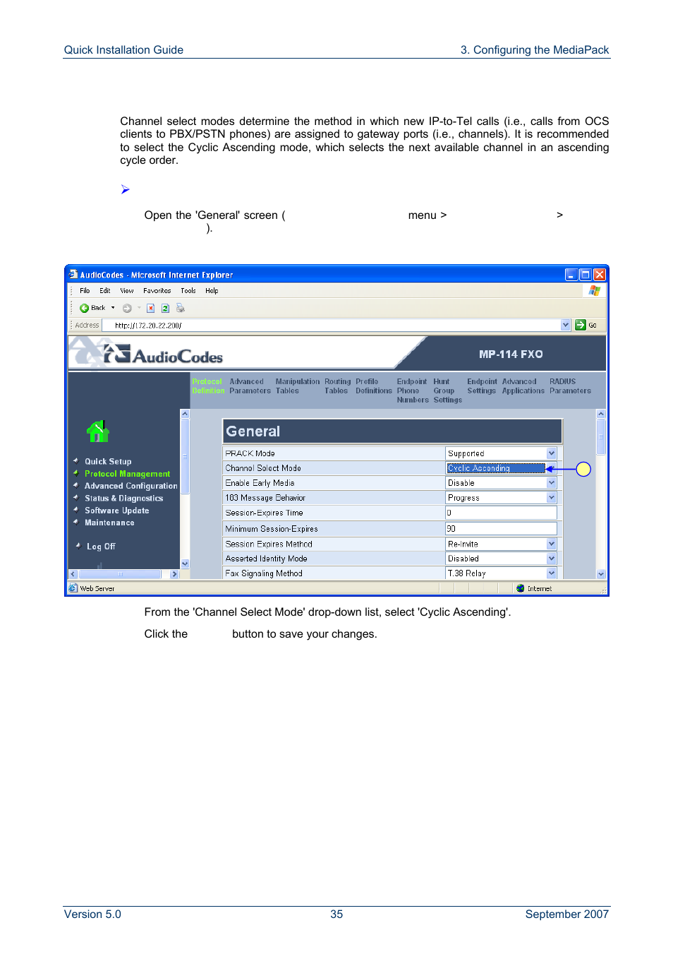 Defining channel select mode, On pa | AudioCodes MP-118 User Manual | Page 35 / 44