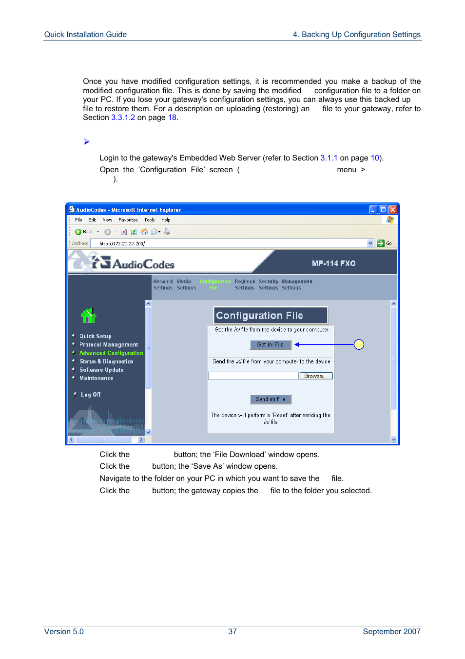 Backing up configuration settings, Uration setting, 4backing up configuration settings | AudioCodes MP-118 User Manual | Page 37 / 44
