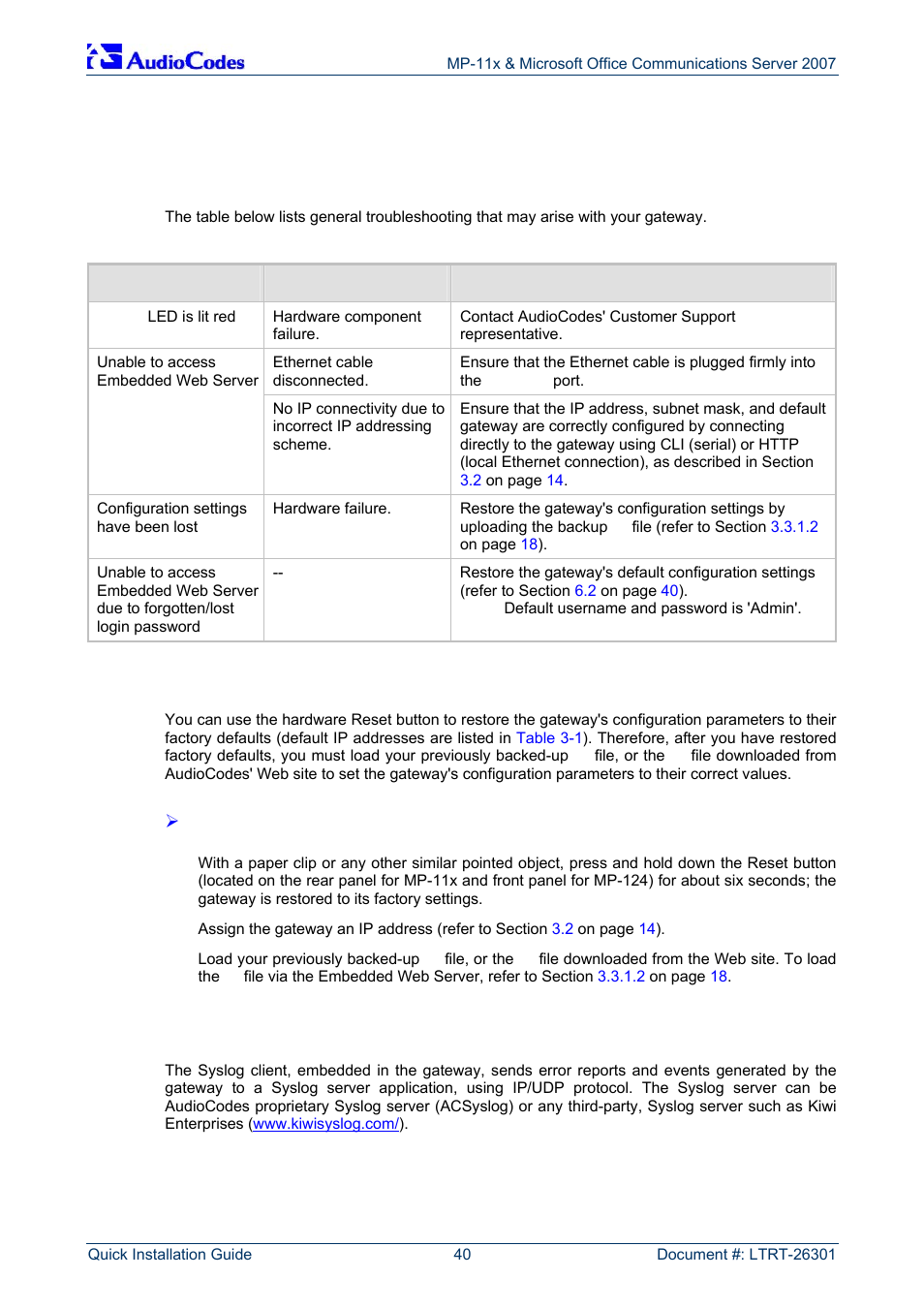 Troubleshooting, General troubleshooting, Restoring parameters to factory default settings | Debugging using a syslog server, 6 troubleshooting, 1 general troubleshooting, 2 restoring parameters to factory default settings, 3 debugging using a syslog server | AudioCodes MP-118 User Manual | Page 40 / 44