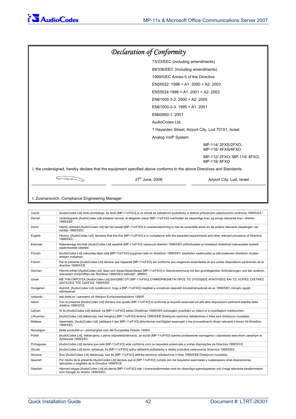Regulatory information, 7 regulatory information, Declaration of conformity | AudioCodes MP-118 User Manual | Page 42 / 44