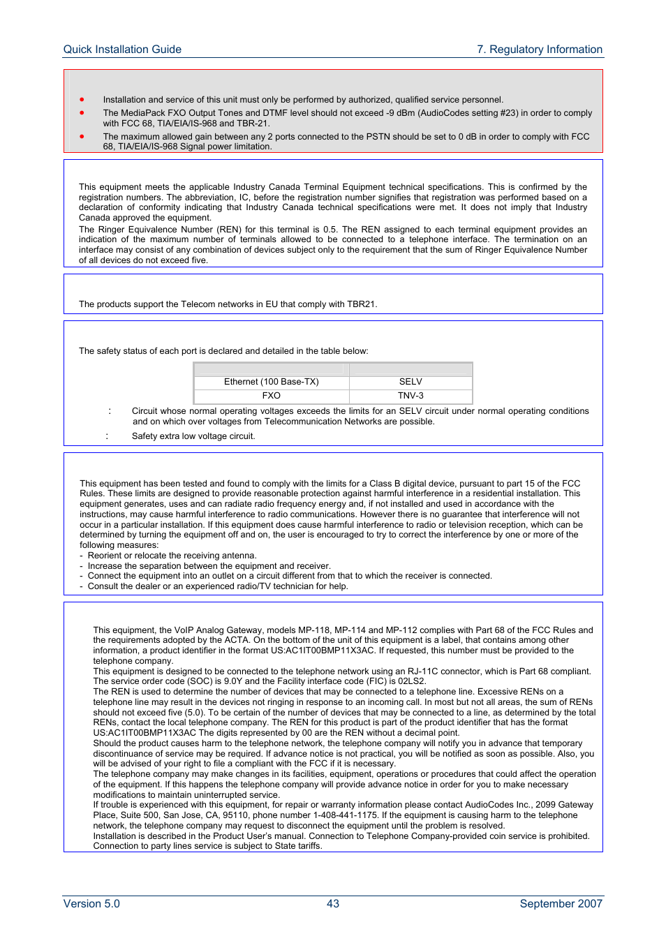Safety, Notices, Industry canada notice | Network compatibility, Telecommunication safety, Fcc statement, Acta customer information | AudioCodes MP-118 User Manual | Page 43 / 44