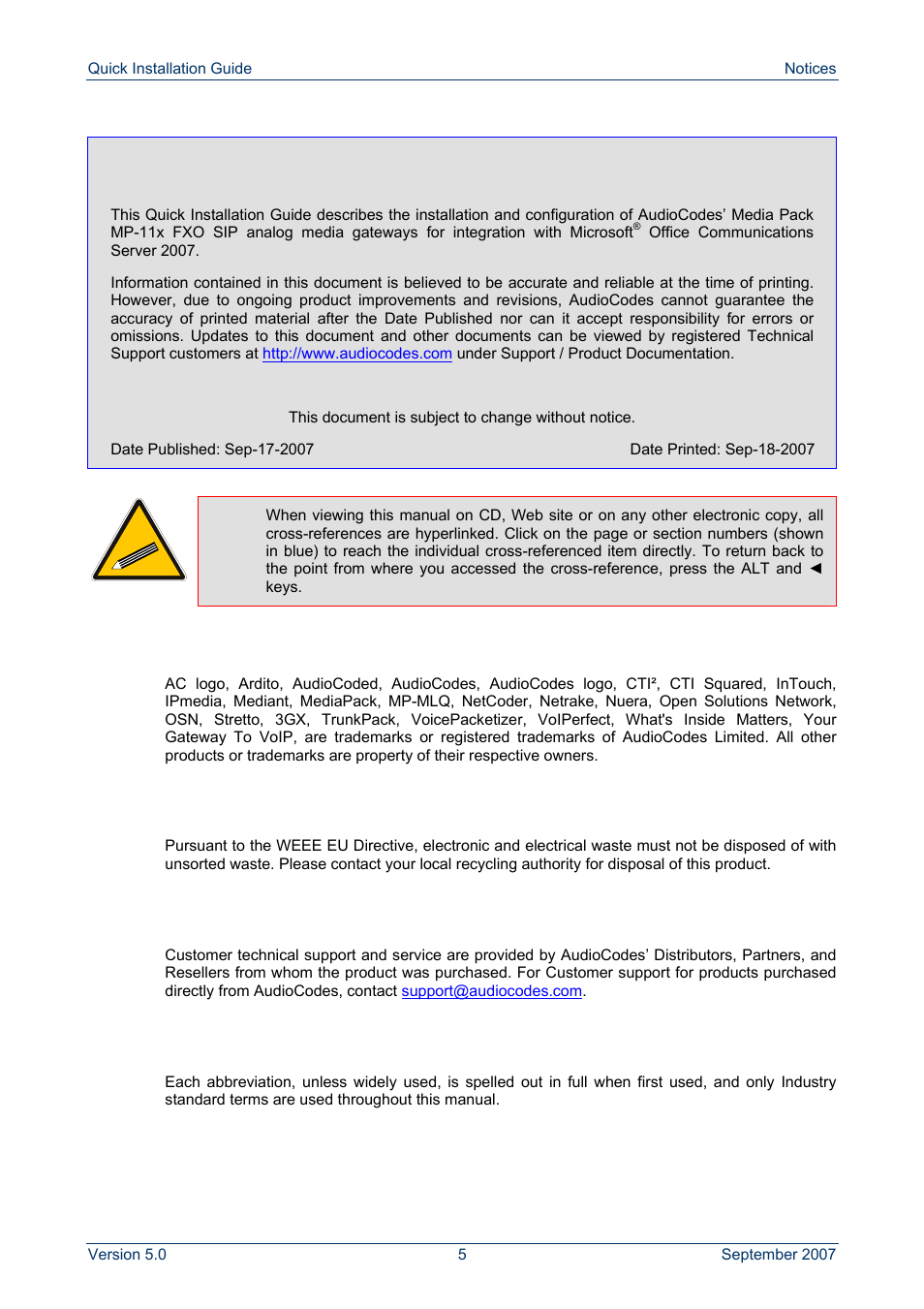 Notices, Notices notice, Trademarks | Weee eu directive, Customer support, Abbreviations and terminology | AudioCodes MP-118 User Manual | Page 5 / 44