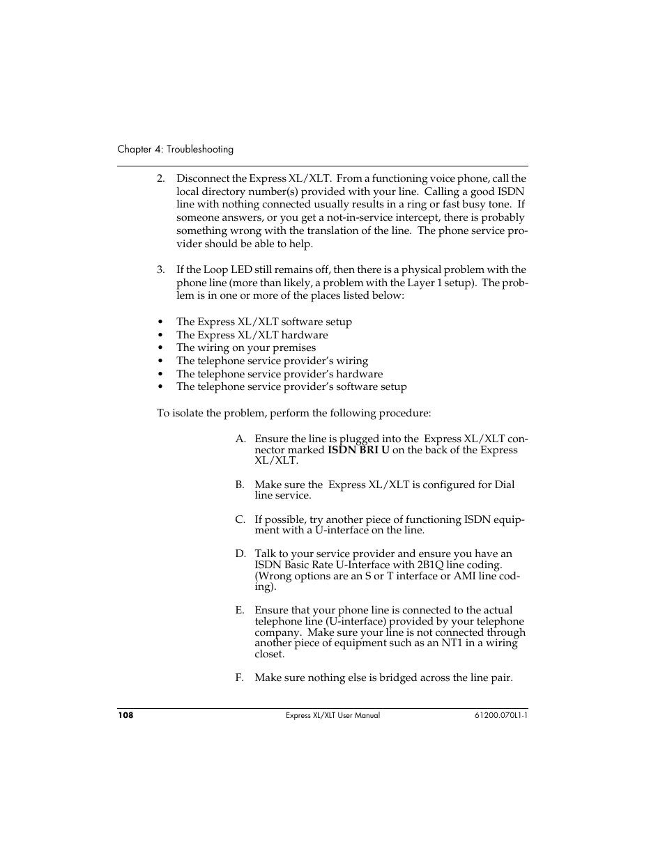 Disconnect the express xl/xlt. from a functioni, If the loop led still remains off, then there i | ADTRAN 1200070L1 User Manual | Page 124 / 187