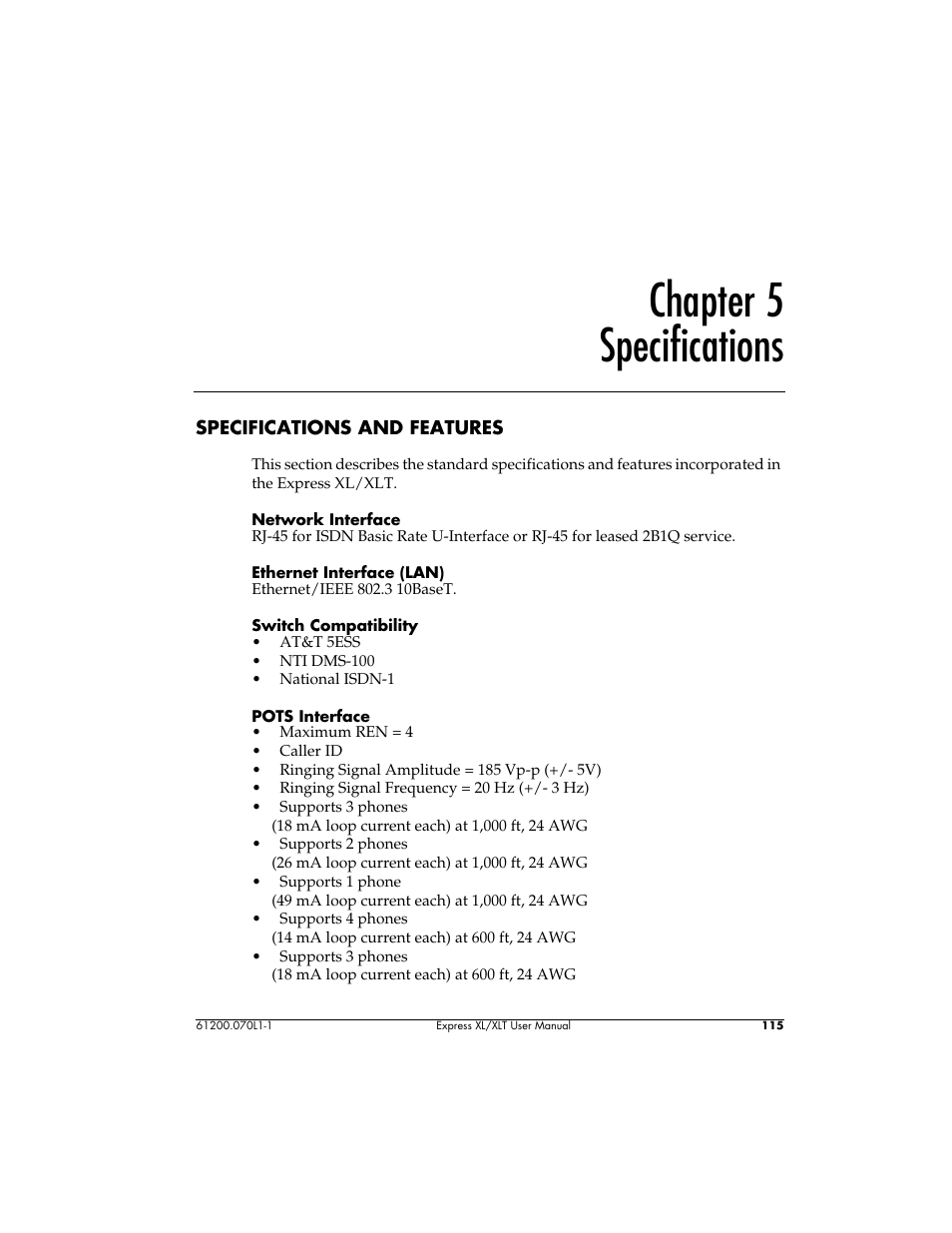 Chapter 5, Specifications, Chapter 5 specifications | ADTRAN 1200070L1 User Manual | Page 131 / 187