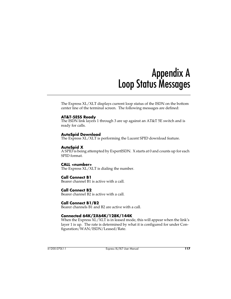 Appendix a, Loop status messages, Appendix a loop status messages | ADTRAN 1200070L1 User Manual | Page 133 / 187