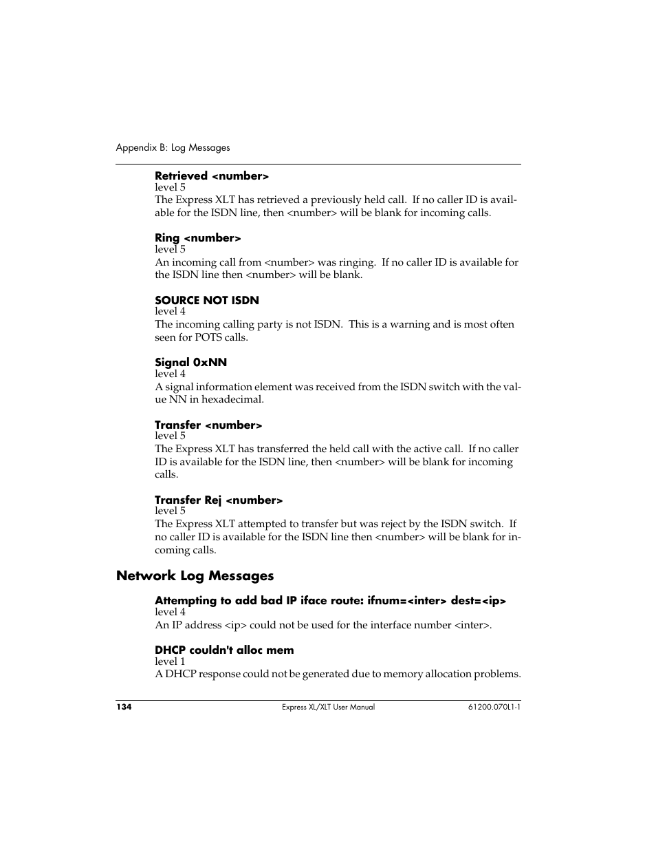 Network log messages | ADTRAN 1200070L1 User Manual | Page 150 / 187