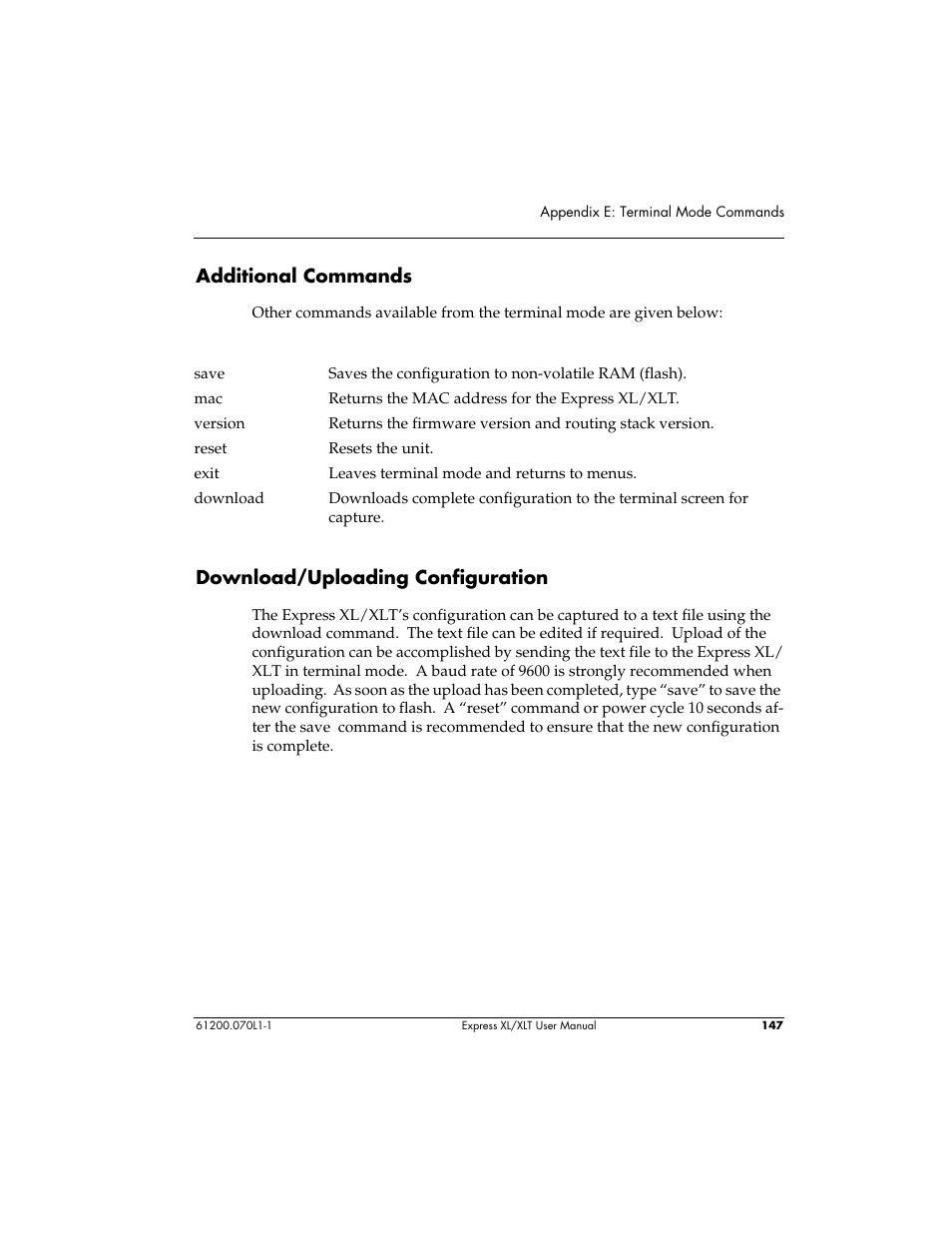 Additional commands, Download/uploading configuration | ADTRAN 1200070L1 User Manual | Page 163 / 187