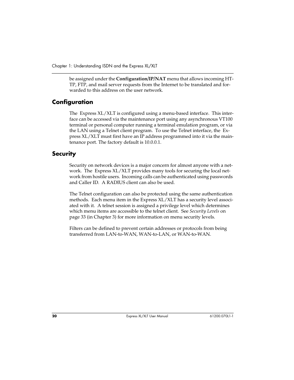 Configuration, Security | ADTRAN 1200070L1 User Manual | Page 36 / 187