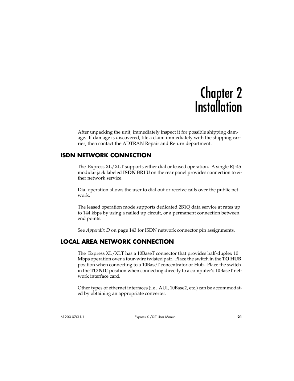 Chapter 2, Installation, Chapter 2 installation | ADTRAN 1200070L1 User Manual | Page 37 / 187