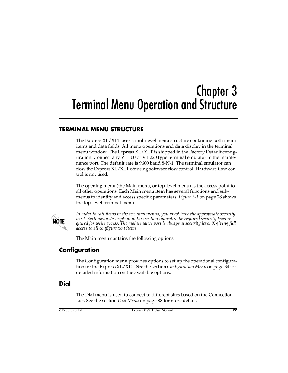 Chapter 3, Terminal menu operation and structure, Chapter 3 terminal menu operation and structure | ADTRAN 1200070L1 User Manual | Page 43 / 187