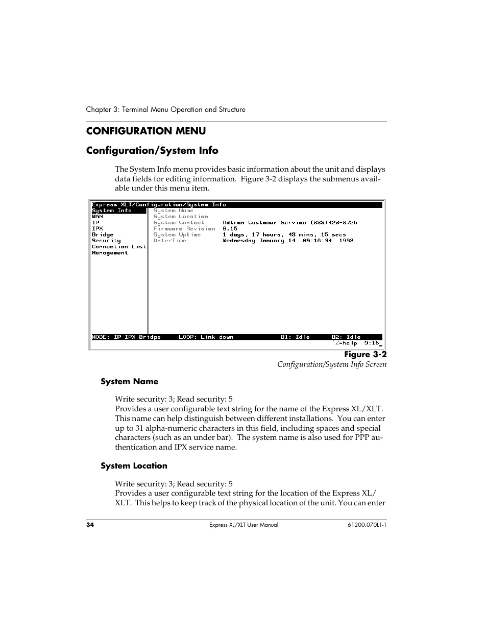 Configuration menu configuration/system info | ADTRAN 1200070L1 User Manual | Page 50 / 187