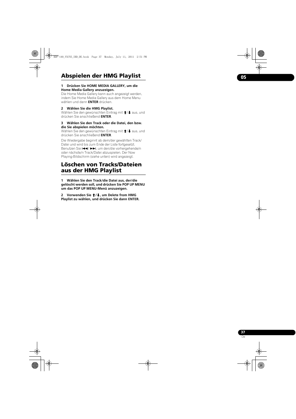 Abspielen der hmg playlist, Löschen von tracks/dateien aus der hmg playlist | Pioneer BDP-440 User Manual | Page 101 / 308