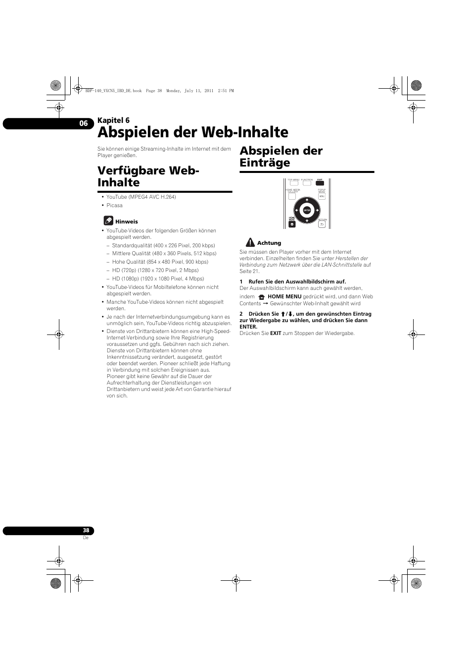 Verfügbare web-inhalte abspielen der einträge, Abspielen der web-inhalte, Verfügbare web- inhalte | Abspielen der einträge | Pioneer BDP-440 User Manual | Page 102 / 308