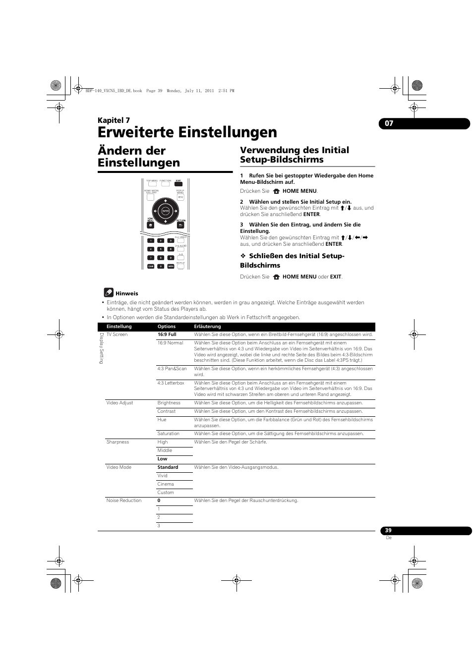 Ändern der einstellungen, Verwendung des initial setup-bildschirms, Erweiterte einstellungen | 07 kapitel 7 | Pioneer BDP-440 User Manual | Page 103 / 308