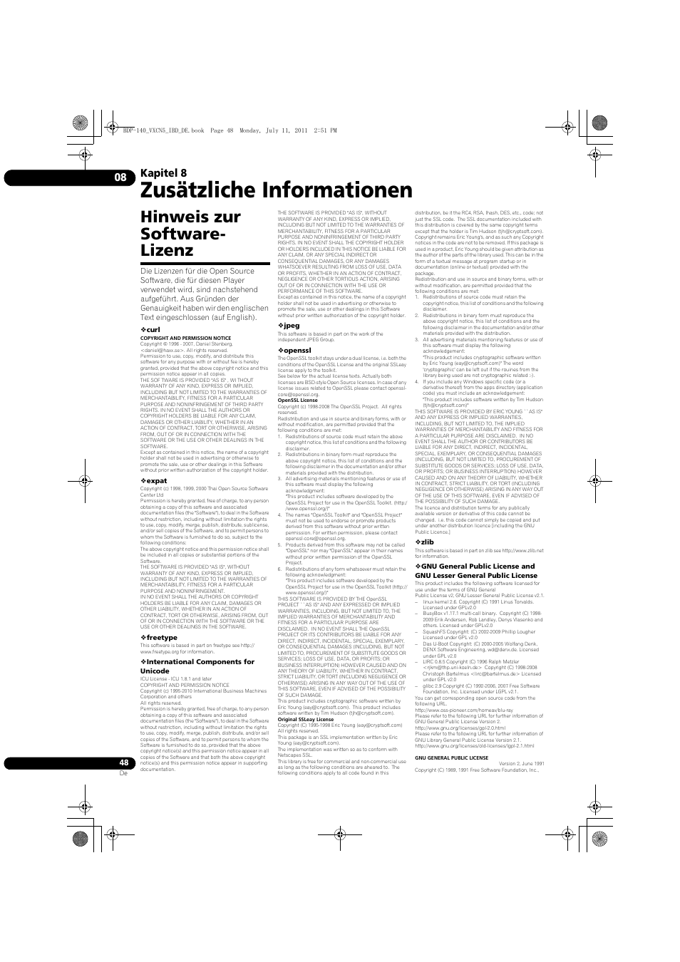 Hinweis zur software-lizenz, Zusätzliche informationen, Hinweis zur software- lizenz | Kapitel 8 | Pioneer BDP-440 User Manual | Page 112 / 308