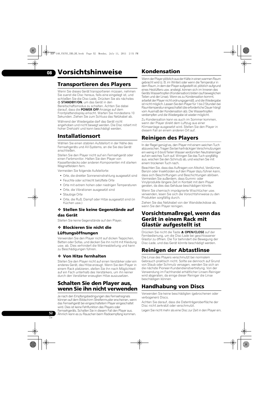 Vorsichtshinweise, Transportieren des players, Installationsort | Kondensation, Reinigen des players, Reinigen der abtastlinse, Handhabung von discs | Pioneer BDP-440 User Manual | Page 116 / 308