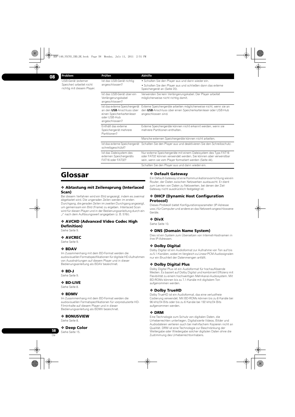 Glossar | Pioneer BDP-440 User Manual | Page 122 / 308