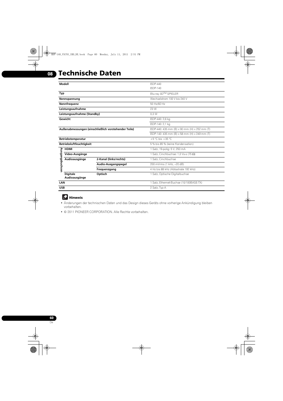 Technische daten | Pioneer BDP-440 User Manual | Page 124 / 308