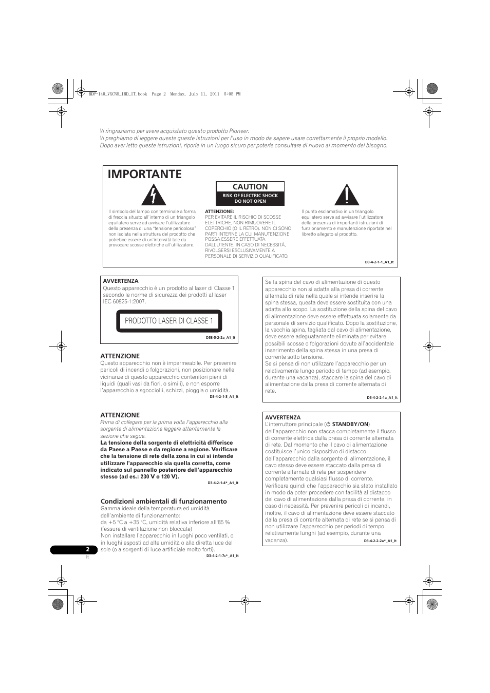 Importante, Caution, Prodotto laser di classe 1 | Pioneer BDP-440 User Manual | Page 126 / 308