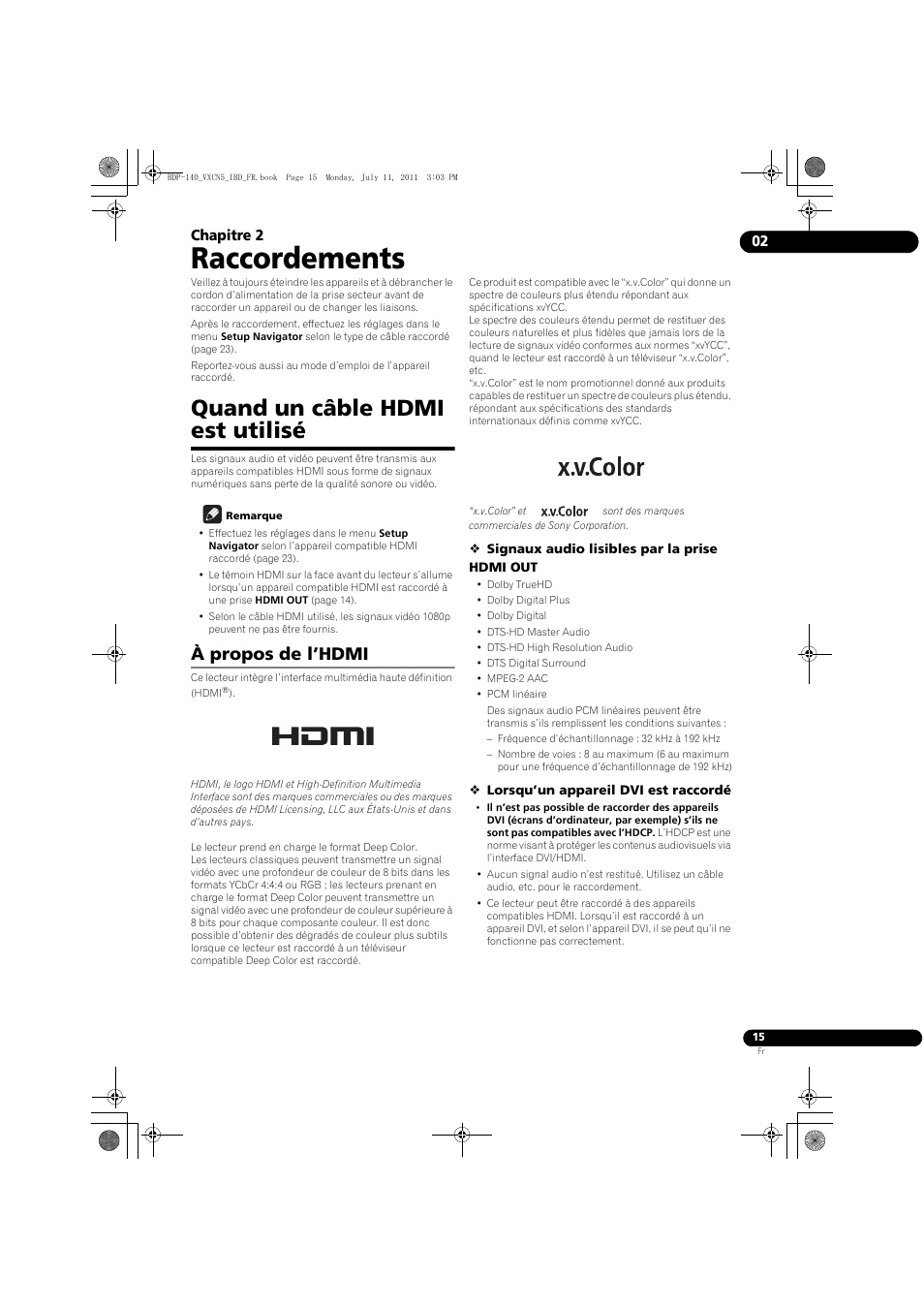 Quand un câble hdmi est utilisé, À propos de l’hdmi, Raccordements | 02 chapitre 2 | Pioneer BDP-440 User Manual | Page 15 / 308