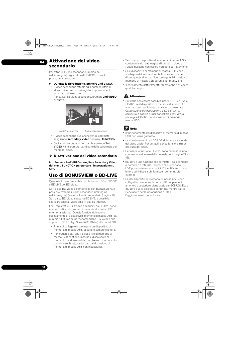 Attivazione del video secondario, Uso di bonusview o bd-live | Pioneer BDP-440 User Manual | Page 154 / 308