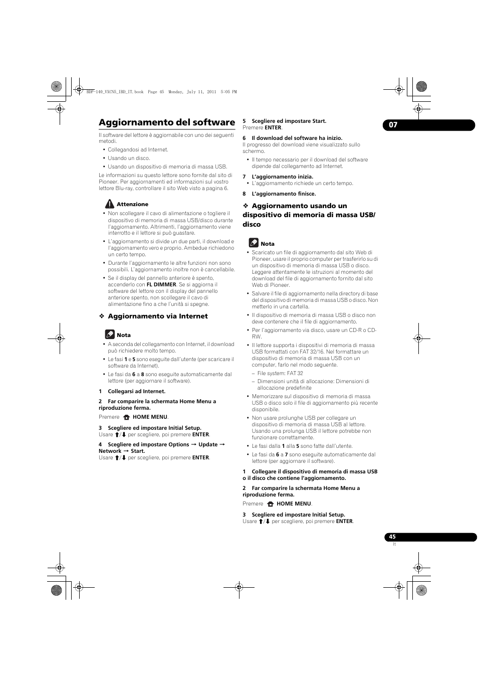 Aggiornamento del software | Pioneer BDP-440 User Manual | Page 169 / 308