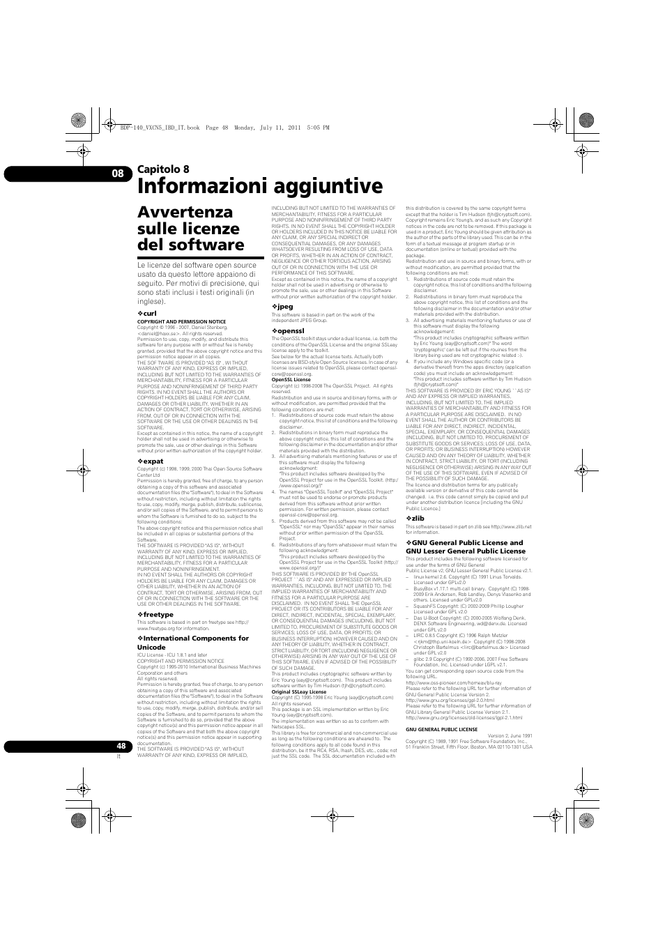 Avvertenza sulle licenze del software, Informazioni aggiuntive, Capitolo 8 | Pioneer BDP-440 User Manual | Page 172 / 308