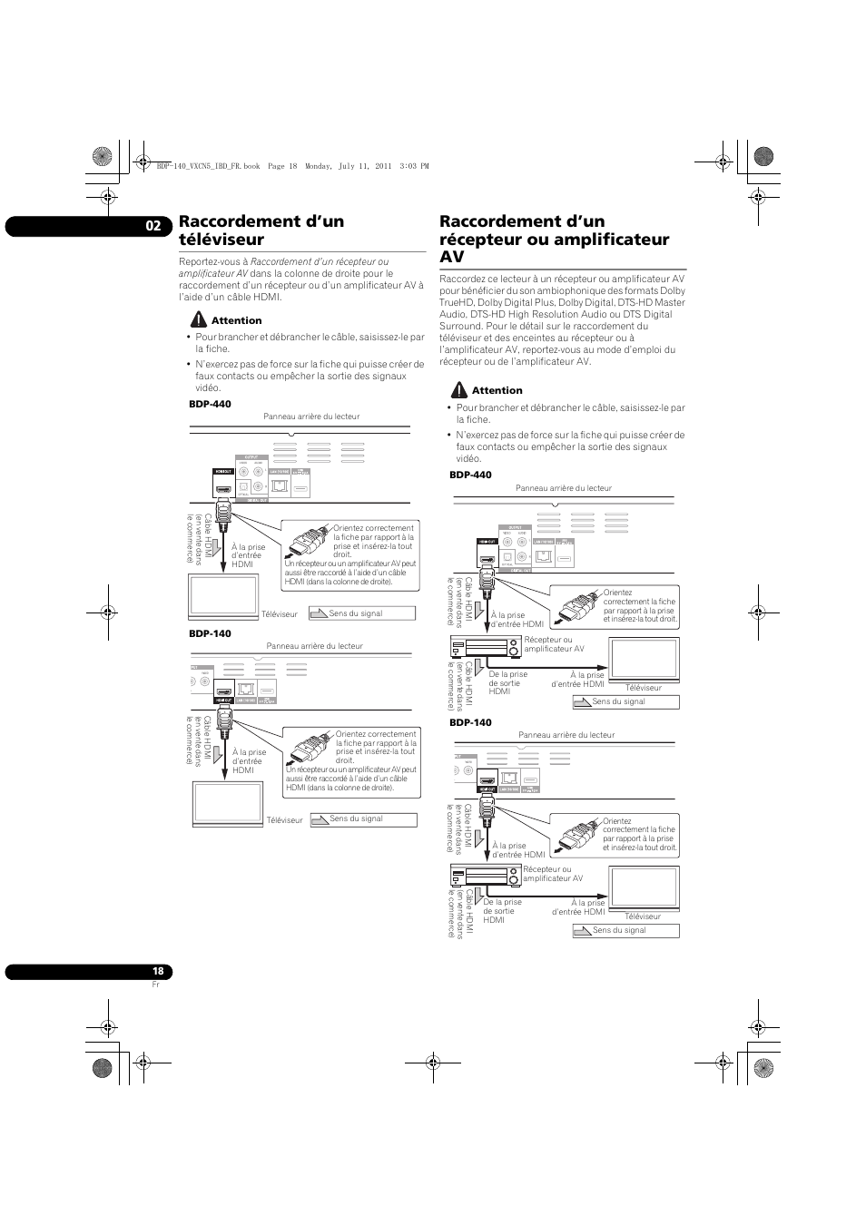 Raccordement d’un téléviseur, Raccordement d’un récepteur ou amplificateur av | Pioneer BDP-440 User Manual | Page 18 / 308