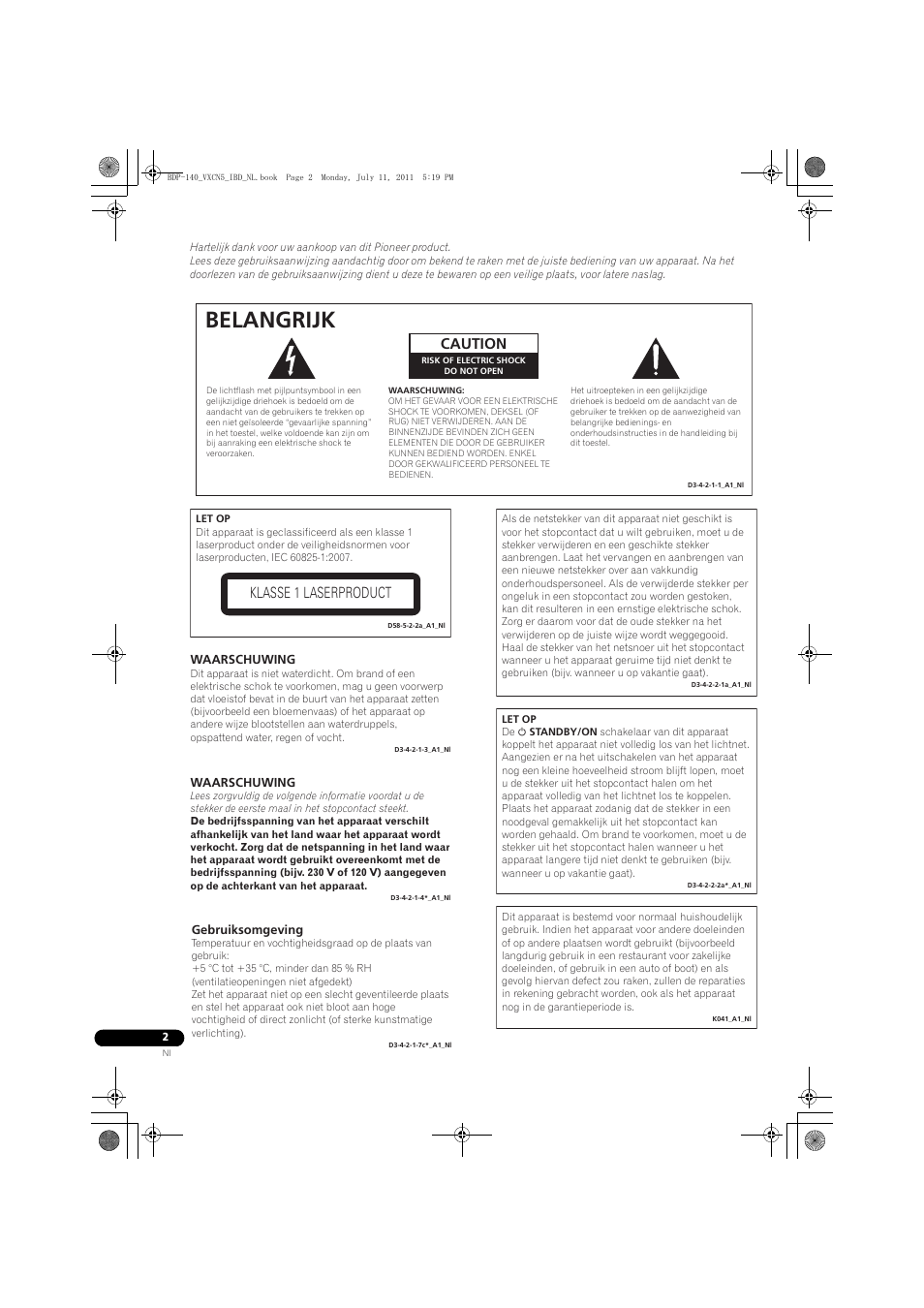 Belangrijk, Caution, Klasse 1 laserproduct | Pioneer BDP-440 User Manual | Page 186 / 308