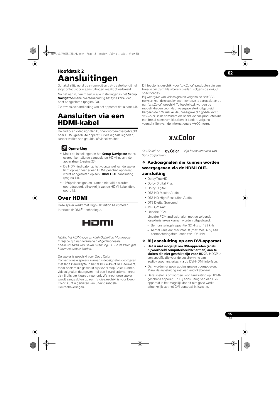 Aansluiten via een hdmi-kabel, Over hdmi, Aansluitingen | 02 hoofdstuk 2 | Pioneer BDP-440 User Manual | Page 199 / 308