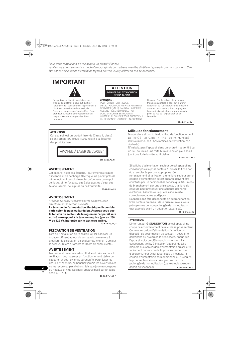 Important, Appareil à laser de classe 1, Attention | Pioneer BDP-440 User Manual | Page 2 / 308