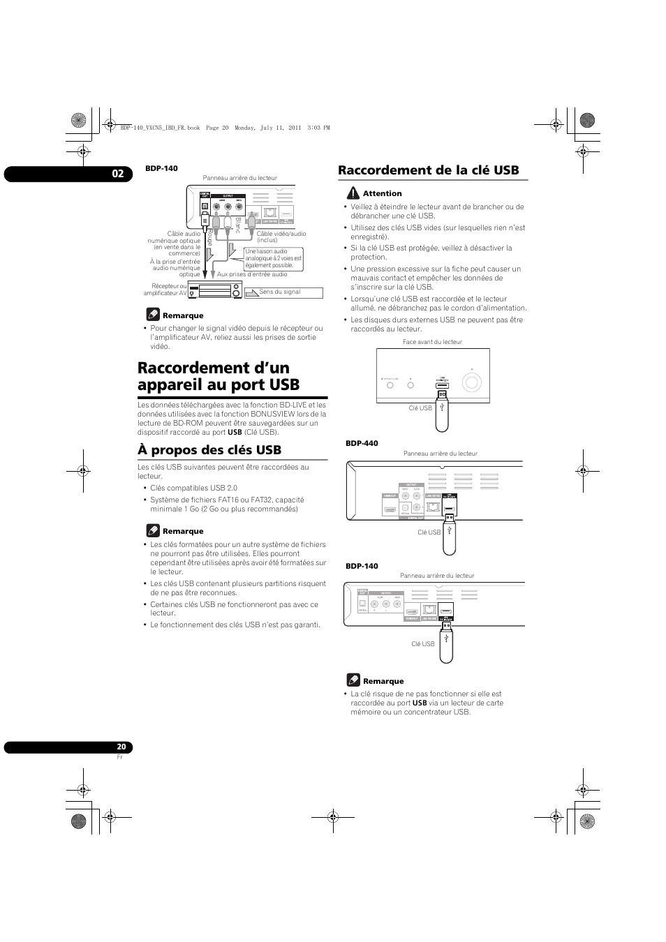 Raccordement d’un appareil au port usb, À propos des clés usb raccordement de la clé usb, À propos des clés usb | Raccordement de la clé usb | Pioneer BDP-440 User Manual | Page 20 / 308