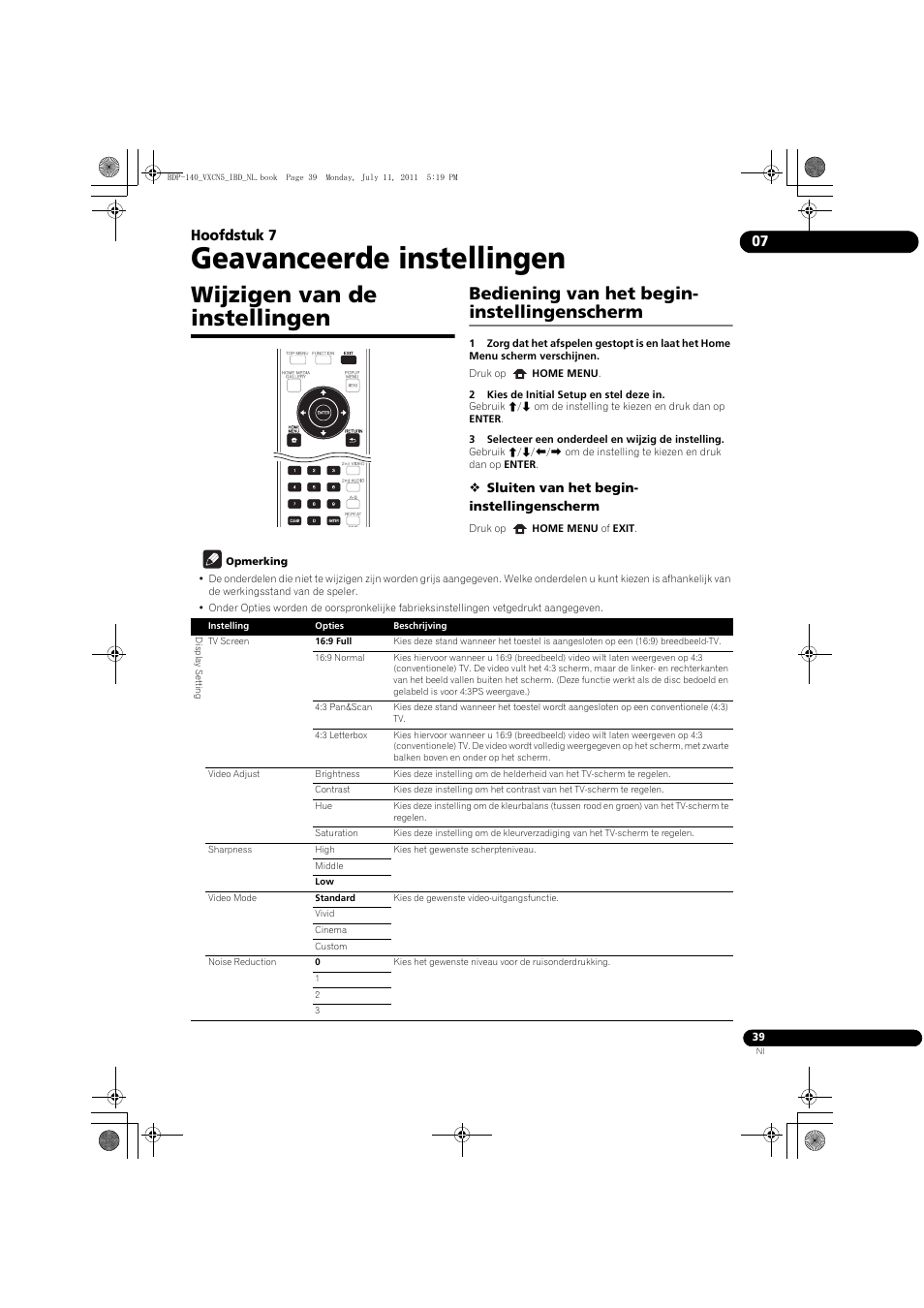 Wijzigen van de instellingen, Bediening van het begin-instellingenscherm, Geavanceerde instellingen | Bediening van het begin- instellingenscherm, 07 hoofdstuk 7 | Pioneer BDP-440 User Manual | Page 223 / 308