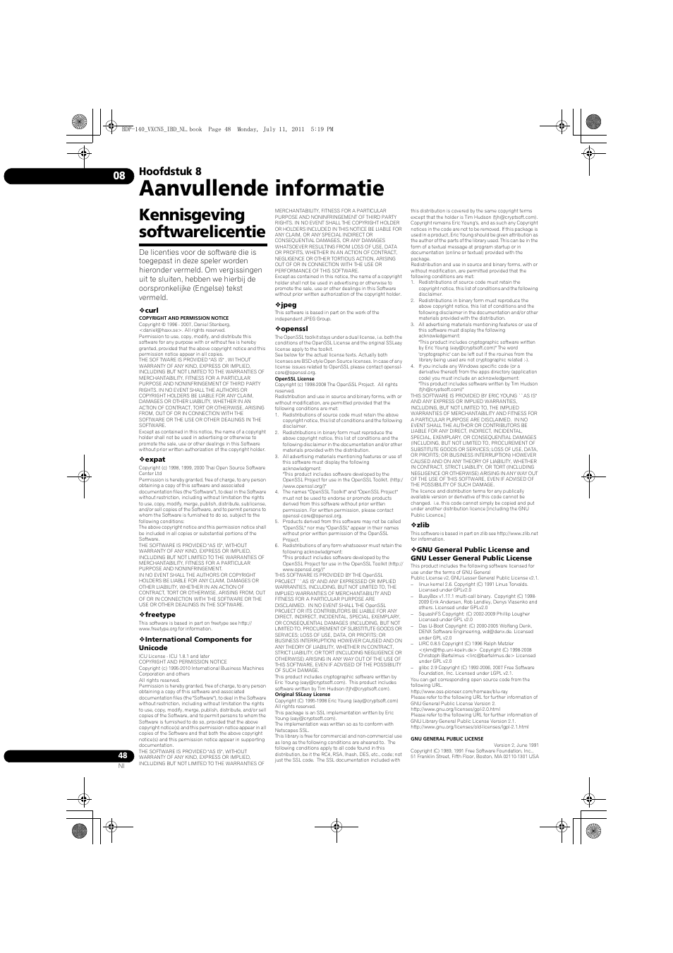 Kennisgeving softwarelicentie, Aanvullende informatie, Hoofdstuk 8 | Pioneer BDP-440 User Manual | Page 232 / 308