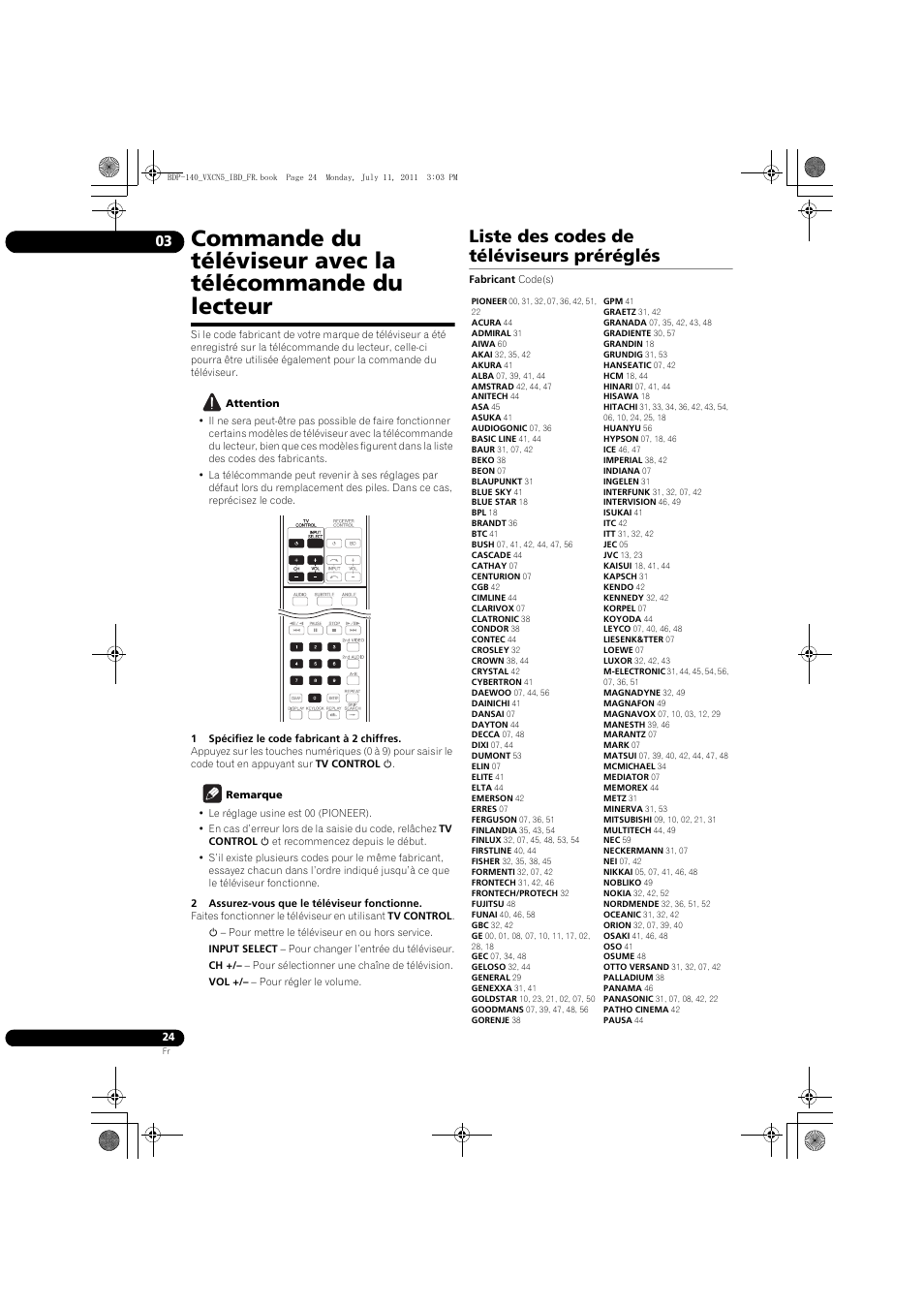 Liste des codes de téléviseurs préréglés | Pioneer BDP-440 User Manual | Page 24 / 308