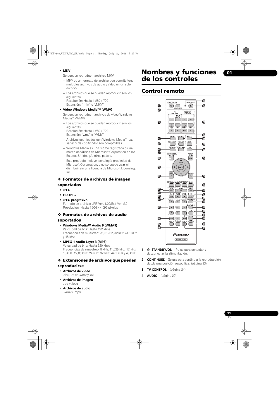 Nombres y funciones de los controles, Control remoto | Pioneer BDP-440 User Manual | Page 255 / 308