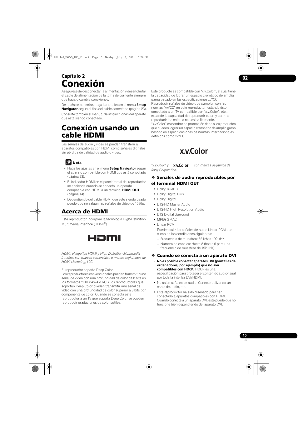 Conexión usando un cable hdmi, Acerca de hdmi, Conexión | 02 capítulo 2 | Pioneer BDP-440 User Manual | Page 259 / 308