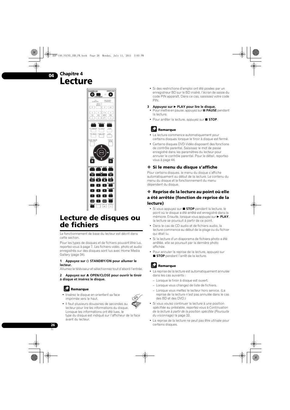 Lecture de disques ou de fichiers, Lecture, Chapitre 4 | Pioneer BDP-440 User Manual | Page 26 / 308