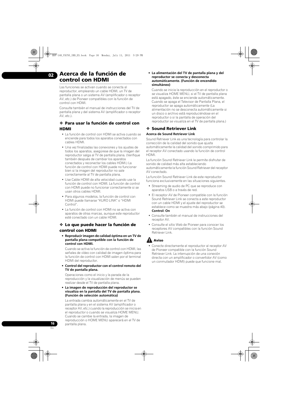 Acerca de la función de control con hdmi | Pioneer BDP-440 User Manual | Page 260 / 308