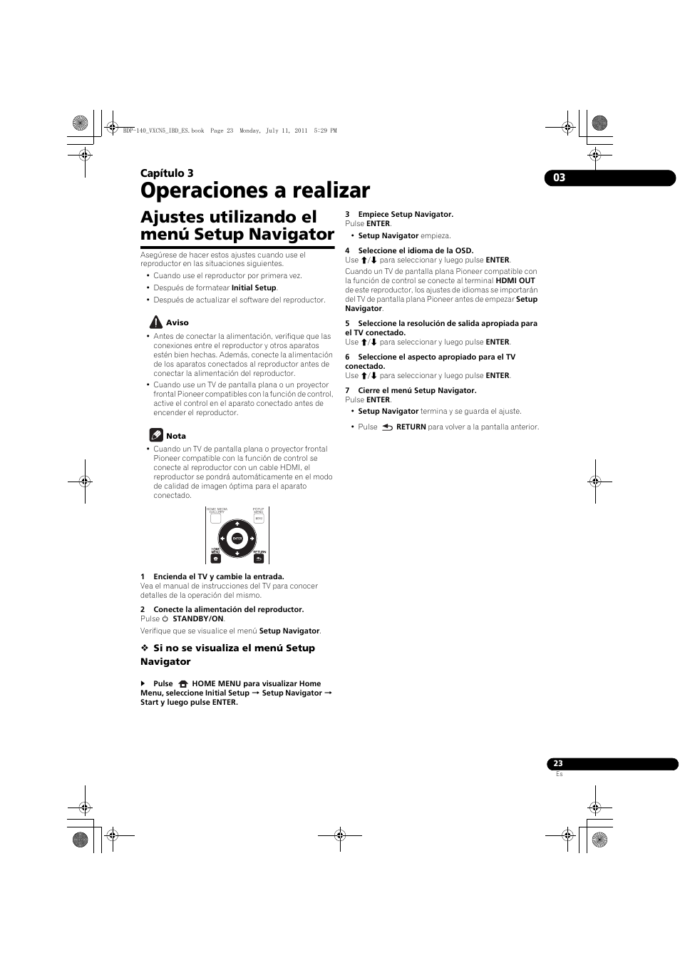 Ajustes utilizando el menú setup navigator, Operaciones a realizar, 03 capítulo 3 | Pioneer BDP-440 User Manual | Page 267 / 308