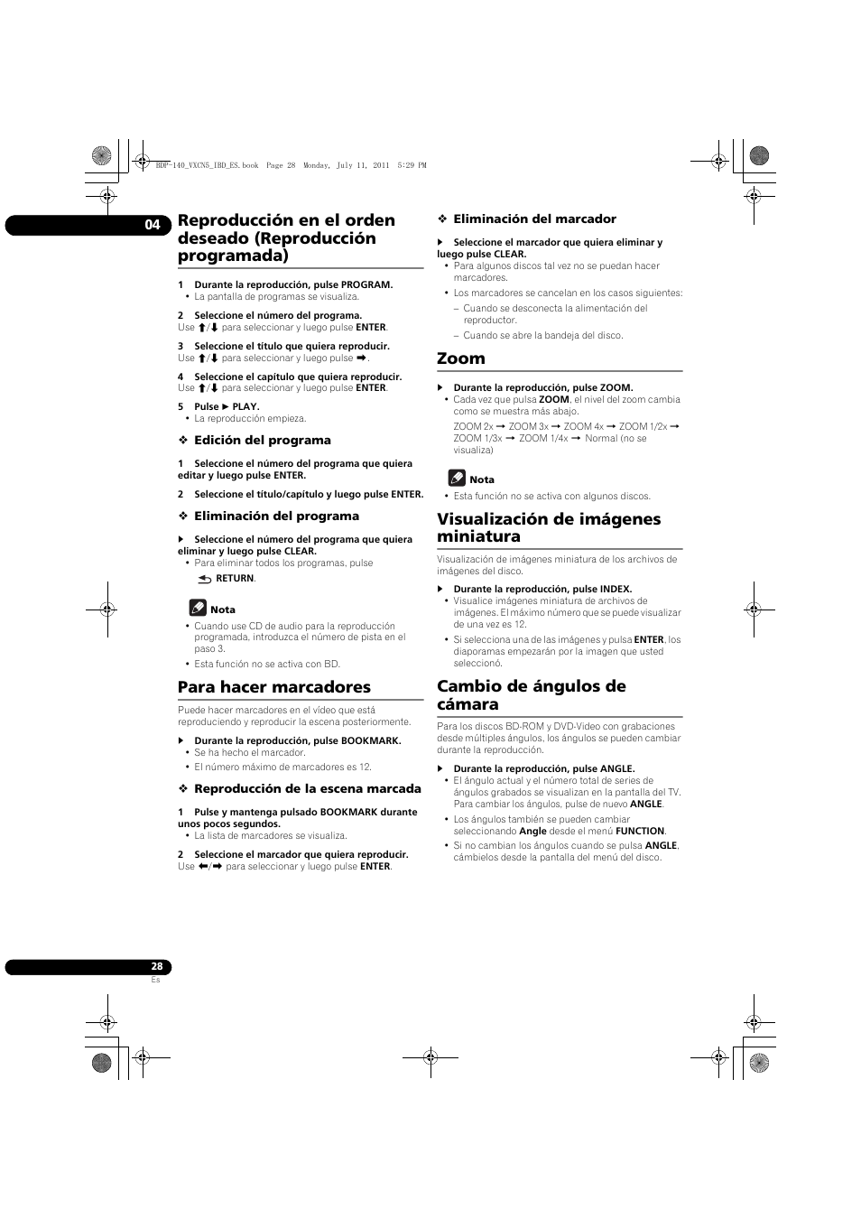 Para hacer marcadores, Zoom, Visualización de imágenes miniatura | Cambio de ángulos de cámara | Pioneer BDP-440 User Manual | Page 272 / 308