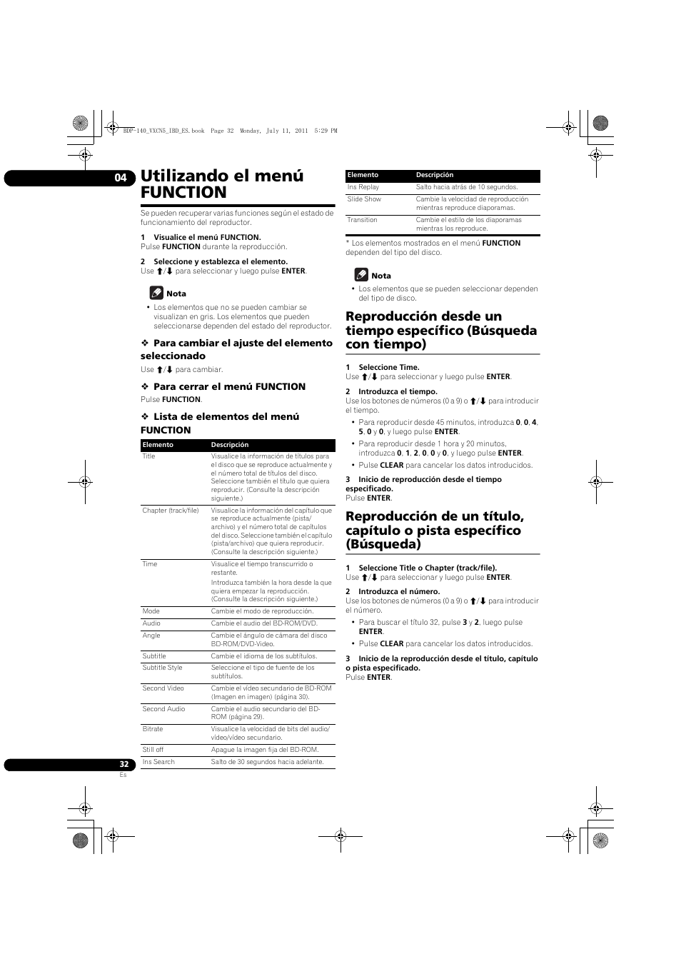 Utilizando el menú function | Pioneer BDP-440 User Manual | Page 276 / 308