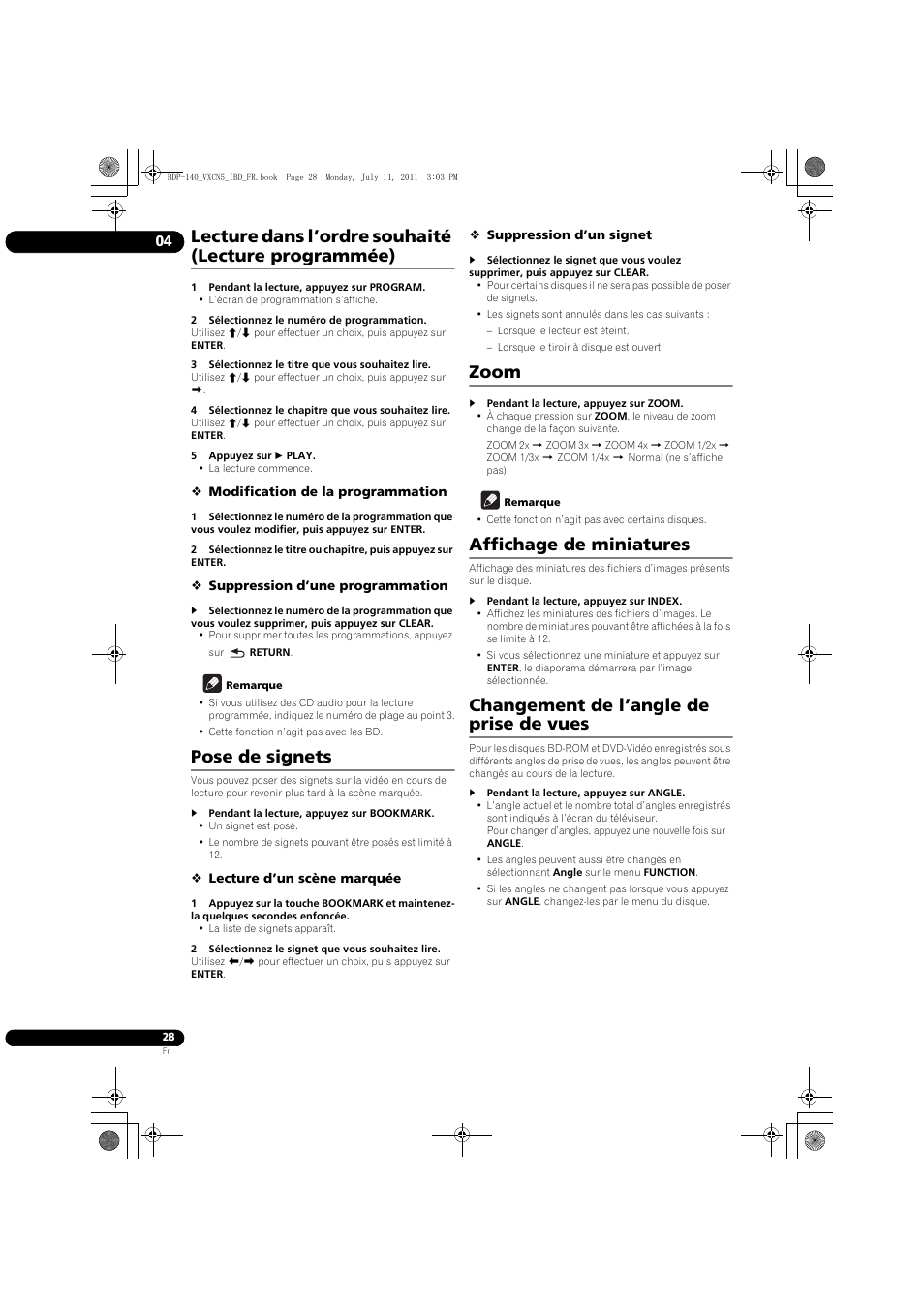 Lecture dans l’ordre souhaité (lecture programmée), Pose de signets, Zoom | Affichage de miniatures, Changement de l’angle de prise de vues | Pioneer BDP-440 User Manual | Page 28 / 308